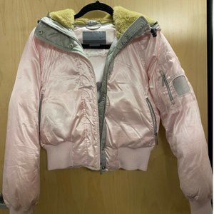 NEW Nike Women's Pink Satin Down Fill Bomber Jacket Faux Fur Lined Hood